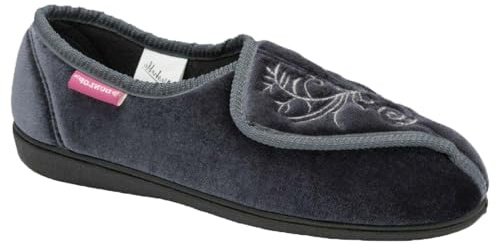 Dunlop Womens Slippers Ladies Orthopaedic Wide Fit Warm Lined Shoes Winter Slipper Adjustable Touch Fastening Comfy Warm Lined Classic Soft Closed Toe Fluffy Casual Comfortable Shu (Elana Grey, 7)