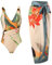 Odizli Badeanzug Damen Bauchweg V Ausschnitt Blume Druck Monokini Tankini Swimsuit Bademode + Wickelrock Pareo Sarong Tuch Zweiteiler Badekleid Schwimmanzug Sommer Strandkleid Strandmode Beige L