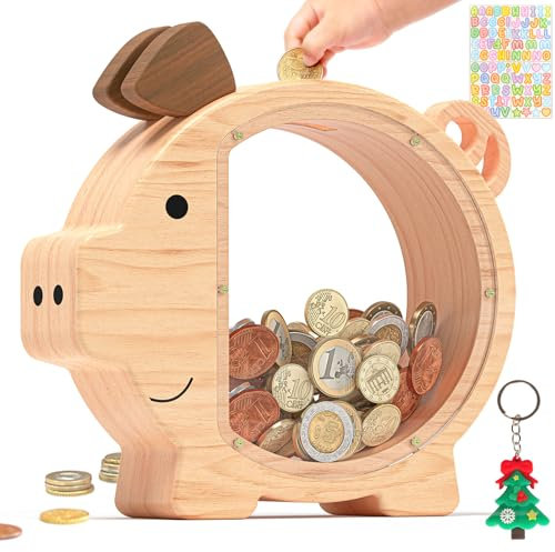 Summidate Wooden Money Box for Kids, Cute Piggy Bank for Boys and Girls, Unbreakable Wood Money Coin Bank, Creative Saving Money Jar Personalized Gifts for Child Birthday Gift & Decor