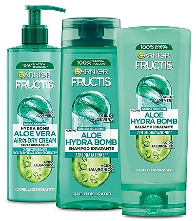 Garnier Fructis Routine Completa Idratante, Con Shampoo, Balsamo e Air Dry Cream, Per Capelli Disidratati, Con Gel di Aloe Vera e Acido Ialuronico, Aloe Hydra Bomb