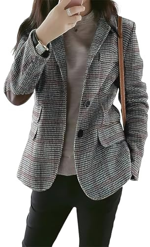 Leyoutx Damenblazer mit gekerbtem Revers, Wolle, kariert, schmale Langarmjacke mit Ellenbogen-Patch, GRAU, L