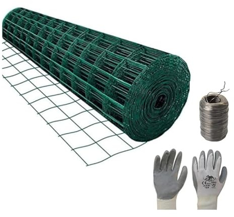 PINTO FERRAMENTA Rete Recinzione Elettrosaldata Metallica Zincata o Plastificata Verde Maglia 50X75mm rotolo Varie Misure in Omaggio Matassa Filo di Ferro e Guanti (H100x15mt, VERDE)