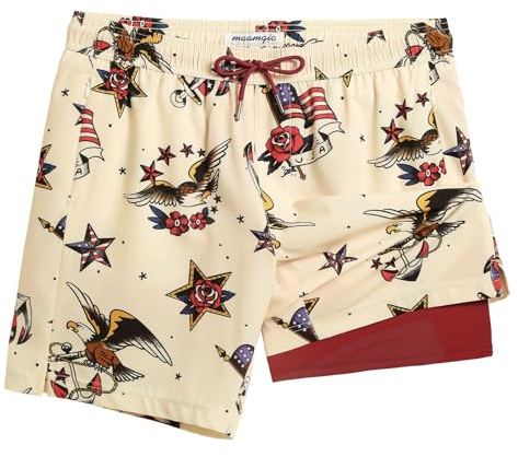 maamgic 7 Inch Mens Swim Trunks with Compression Liner Board Shorts with Zippered Pocket Bathing Suit for Beach Vacation Beige and Red Eagle American Flag Large