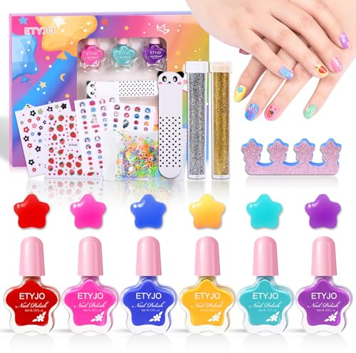 ETYJO Nagellack Kinder - Abziehbarer Wasserbasiert Kinder Nagellack Mädchen Ungiftig, 6 Farben Schnelltrocknend Kindernagellack Ungiftig Nagelset Mädchen Glitzer Geschenk Kit