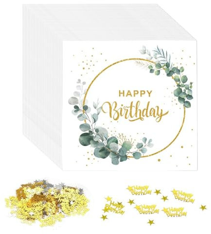 40 Stück Servietten Happy Birthday, Geburtstag Folierte Geburtstagsservietten mit Happy Birthday-Konfetti Weiß Gold Papierservietten Paper Napkins für Mädchen Junge Geburtstag Party Deko, 17 x 17 cm