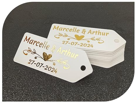 Etiquetas Personalizadas con Nombre y Fecha. Etiquetas Colgantes con estampado ORO, PLATA para Invitacion Boda, Bautizo, Compromiso, Comunion, Cumpleaños, Fiesta, Recuerdo, Sellos