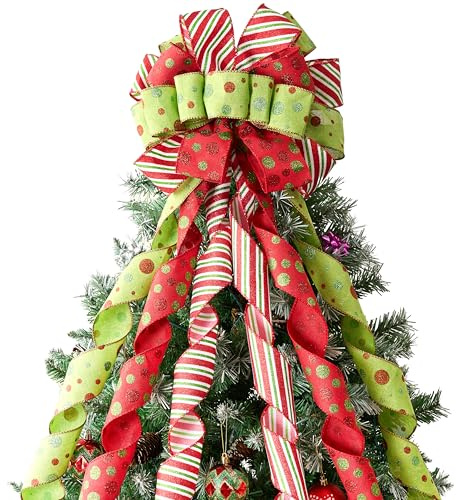 JOIEDOMI 45 Inch Christmas Tree Topper Bow, Green Red White Ribbon Bow with Stripes and Dots, Large Gift Bow for Xmas Tree Topper Holiday Themed Decor Home Parties Wedding Toppers Bow Ornaments