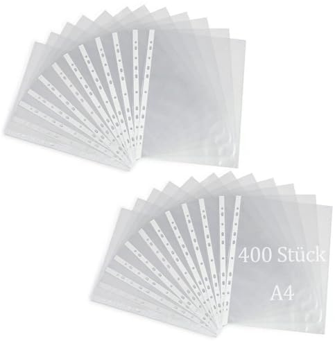 MUNGHOK 400 Fundas Transparentes A4, 11 Agujeros Multitaladro, Plástico PP, para Documentos, Oficina, 32.2 x 23.3 cm