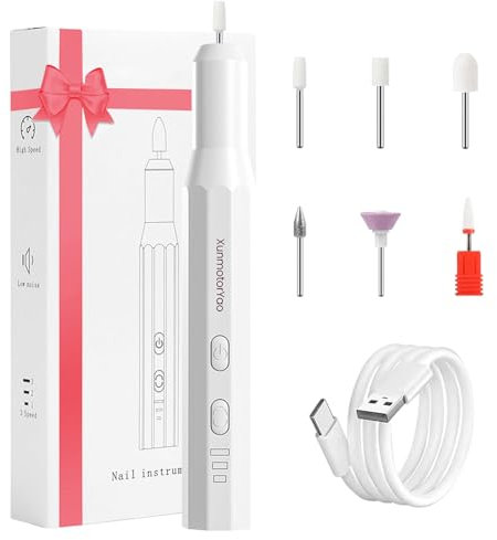XunmotorYao Lima Eléctrica Uñas Profesional Fresa de Uñas Eléctrica Inalámbrica Portátil 6 en 1 lima electrica uñas USB Kit de Manicura y Pedicura Eléctrico para Salón DIY,Blanco