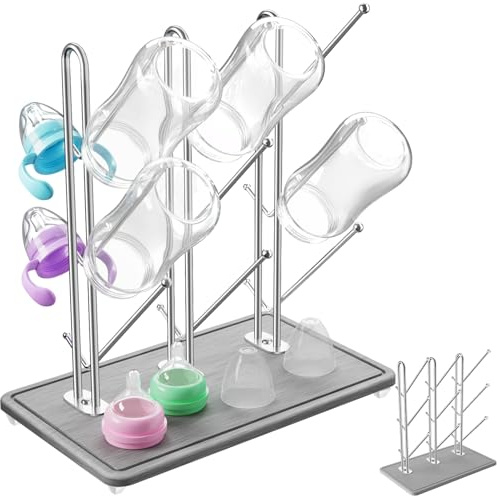 NiHome Baby Bottle Drying Rack with Diatomite Base & Stainless Steel Frame, Foldable Countertop Organizer Holds 9 Bottles, Space-Saving Stand for Water Bottles