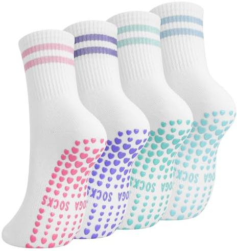 Zuimei 4 Pairs Pilates Grip Socks for Women, Non Slip Soft Reformer Yoga Sock, Ladies Mid-Calf Grippy Sock Breathable Cotton Socks for Ballet Dance Fitness Trampoline Hospital