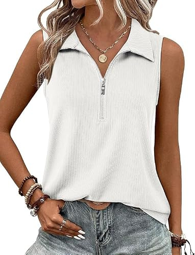 Sukiglam Débardeur Femme D'été sans Manches Tops Côtelée avec Demi Fermeture Éclair col v Hauts Chic et Elegant Chemise Décontracté Polo Shirts Loose Classique Blouse