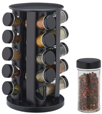 Frilla SPINSPICE - Portaspezie rotondo con barattoli per spezie, girevole a 360°, in acciaio inox per barattoli e spezie in vetro (20 pezzi), organizzatore per spezie, supporto per spezie in piedi