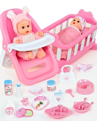 PLAYFULBAY Puppenzubehör mit Puppenbett , Puppenhochstuhl,2 Outfits Plus Windel & Lätzchen – 29-TLG. Puppenset, Rollenspiel ab 2 Jahren