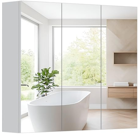 HollyHOME Armario de baño con espejo de 3 puertas con espejo, armario de pared con estante ajustable, 700 mm x 600 mm, color blanco