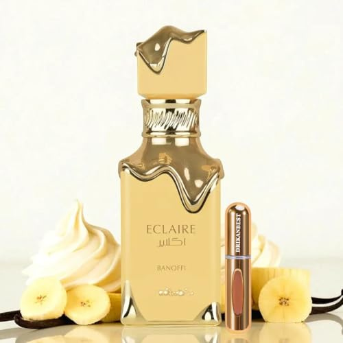 Perfume Eclaire Banoffi Eau de Parfum 100 ml Unisex | Perfume Árabe Dulce y Cremoso de Larga Duración | Notas de Plátano, Vainilla y Praliné | Incluye Atomizador Recargable 5 ml Drikanbest de Regalo