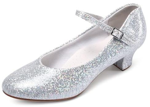 Asyusyu Dance Shoes for Women 1.5 inch Heel Glitter Upper Character Shoes-Silver, 8.5 UK