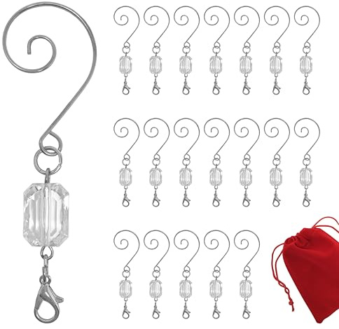 Christmas Ornament Hooks - Clear Acrylic Gem - Silver Wire Swivel Ornament Hooks - Set of 20 Hangers - 3 Long