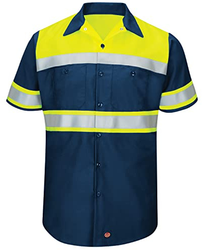 Red Kap Men's Hi-Vis SS Colorblock Ripstop Work Shirt-Type O, Class 1, Fluorescent Yellow/Navy, 2X-Large