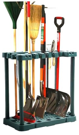 2 Tier Garden Tool Holder Heavy Duty Garden Tools Storage Multi Tool Portable Organiser Tidy with Wheels for Sheds Garages & Outdoors Freestanding Holder for Rakes Shovels Brooms 84 x 75 x 35cm GREEN