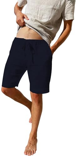 LVCBL Pantalones Cortos de Lino Informales Sueltos de Verano para Hombre con Bolsillos Cintura Elástica