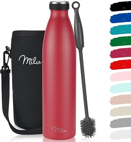 Milu Edelstahl Trinkflasche 350ml 500ml 750ml 1L, 1,5L Thermosflasche, Isolierte Wasserflasche, Auslaufsichere Isolierflasche doppelwandig, Kohlensäure geeignet – inkl. Reinigungsbürste (Rot,750ml)