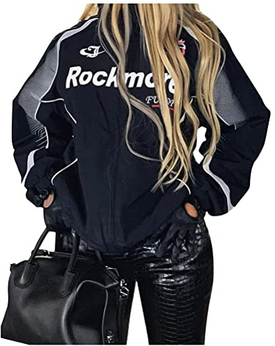 ticticlily Giacca da Baseball Donna Bomber Jacket Uomo Giacca College Oversized Cappotto Sportivo Casual Lettera Ricamo Giacca Bomber Vintage Varsity Jacket Unisex A2 Nero S