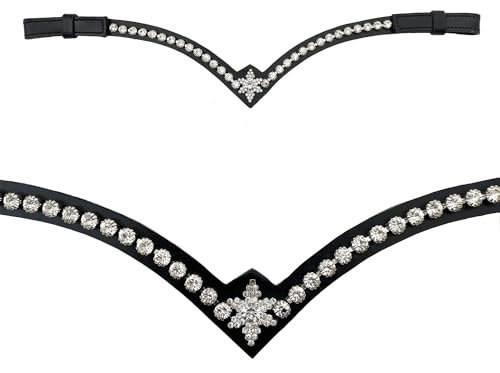 Leone Equipment Stirnriemen Pferd Glitzer in Geschenkbox (Cob/Vollblut, Silber Steine/Schwarz Leder)