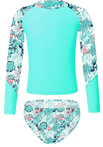 Enfant Fille Maillot de Bain 2 Pièces Anti UV Protection Solaire T-Shirt Manches Longues Imprimé Licorne et Short de Bain 3-16 Ans A Turquoise Feuille 11-12 Ans