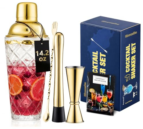 Gbuxska Gold Cocktail Shaker Set - Premium Glass Bartender Kit with Measuring Jigger, Mixing Spoon, and Muddler