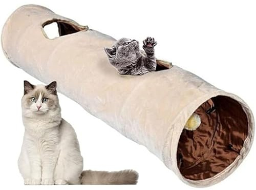 Tunnel Droit pour Chat d'Intérieur - Jeu Pliable en Peluche Avec Balle - Pour Chatons, Chiots, Lapins et Petits Chiens (Beige, 119,4 x 25,4 cm)