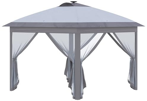 Outsunny Pavillon 3,3 x 3,3 m Faltpavillon mit LED, USB-Ladeanschluss Pop-Up-Pavillon mit Mesh-Seitenwände Gartenpavillon mit Sonnenschutz inkl. Tasche Oxford Grau