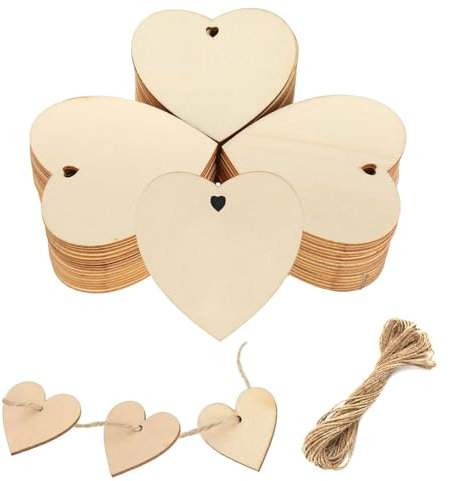 Holzherzen Scheiben Set - 50 Stück Herz Anhänger Zum Beschriften, Streudeko für Hochzeit, Klein Deko Mit 10m Jute Schnur