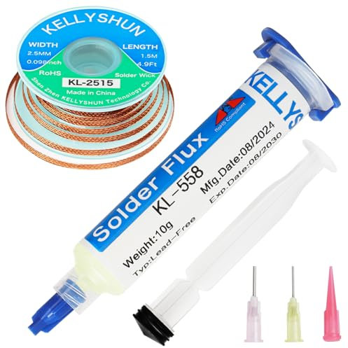KELLYSHUN KL-558 Flussmittel Löten,10ML No-Clean Bleifreies Kolophonium Flussmittel(1 Stück)2.5MM/1.5M Entlötlitze(1 Stück) Geeignet Für Handy-Lötungen,BGA,Haushaltsgerätereparaturen