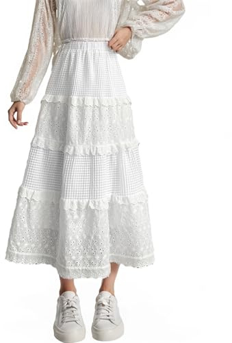 Adorling Gonna Midi Bianca da Donna – Gonna Elegante a Vita Alta con Pizzo e Fascia Elastica