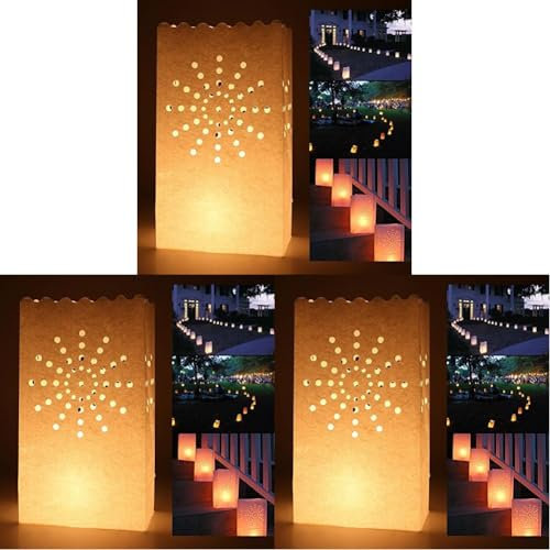 10pcs Sun Luminary Paper Candle Tea Light Lantern Bags Wedding Garden Anniversary Birthday Night Decorations Evening Party, White (Pack of 3)