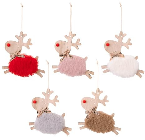 Koboko Weihnachtsbaum Anhänger, 5 Stück Weihnachtsanhänger Elch Deko, Holz und Plüsch Weihnachtliche Deko Baumanhänger, Weihnachtsbaumschmuck für Weihnachtsdekoration, Feiertag, Party Deko