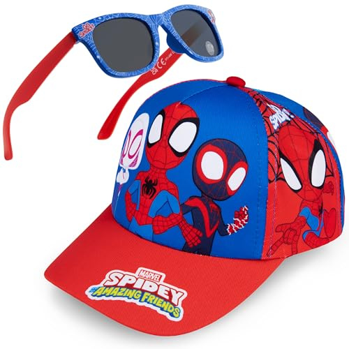 Get Trend Marvel Spidey Baseball Cap and Kids Sunglasses Set Breathable Adjustable Sun Hat 100% UV Summer Accessories Set Vacation Essentials Boys Gifts (Red/Blue Spidey)