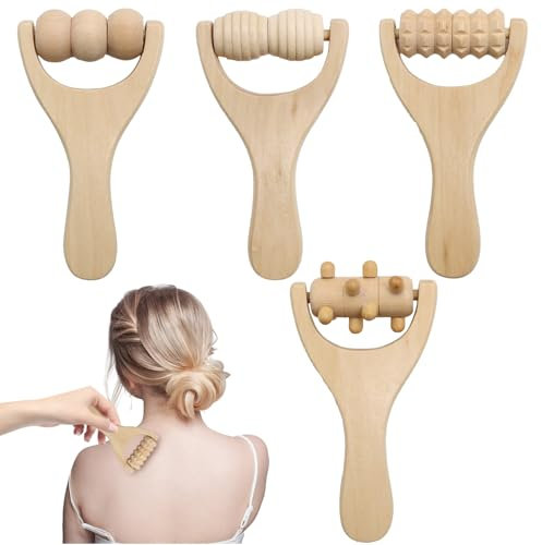 KASURE 4 Stück Massageroller,Massagegerät Nacken Schulter,Faszienrolle Mit Griff,Faszienrolle Holz,Hand Massagegerät,Für Hals,Hände Und Beine