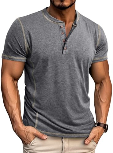 LAOARA T-tröja herr Henley kortärmad med retro kontrastsömmar, grå L | T-shirt med Henley knapprad, retro-snygga sömdetaljer, mjuk bomull, för sommar, fritid och affärer