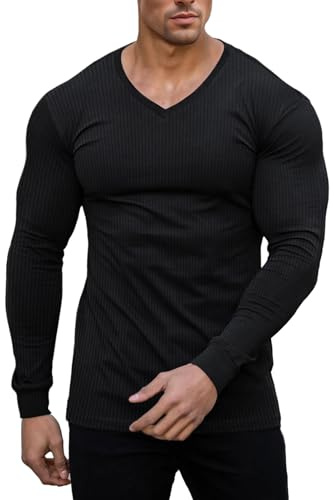 Muscle Cmdr Men's V Neck Muscle Shirt Casual Ribbed Slim Fit Long Sleeve Tee Workout Shirts Athletic Gym Henley Undershirts Black 2XL