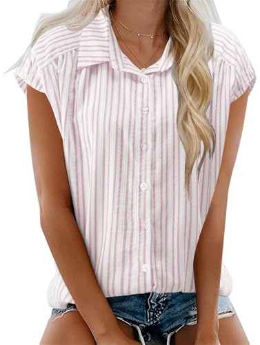EFFAN Womens Blouse 100% Cotton Shirts V Neck Cap Sleeve Button Down Tops | Summer 2026 Ladies Loose Fit Work Blouse Casual Plaid T Shirts Striped Blouses