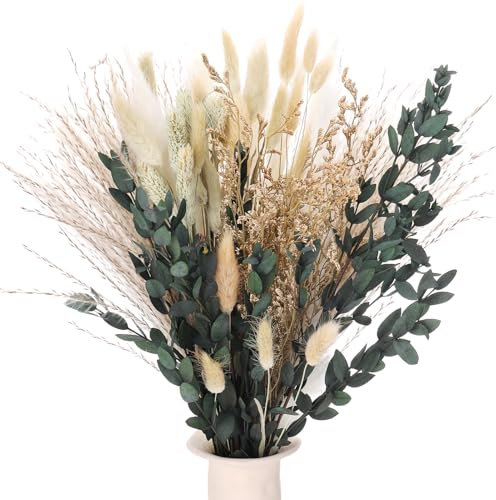 Xialvyu 65 Stück Pampasgras Deko, Trockenblumen für Pampasgras Getrocknet Strauss, Boho Deko Set Eukalyptus & Hundstaumel Getrocknet Trockenblumenstrauß für Wohnzimmer, Tischdeko Hochzeit