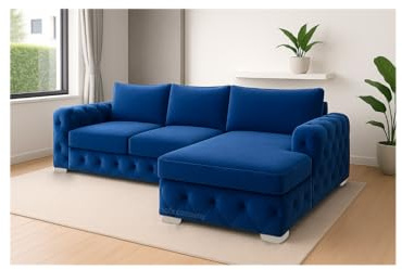 Sofaya Ashton Full Back Chesterfield Corner Chaise Sofa with 2 Scatter Pillows | L Shaped Sofa Chaise Lounge with Button Tufted Arms | Corner Sofa Sets for Living Room (Royal Blue, Right Hand Side)