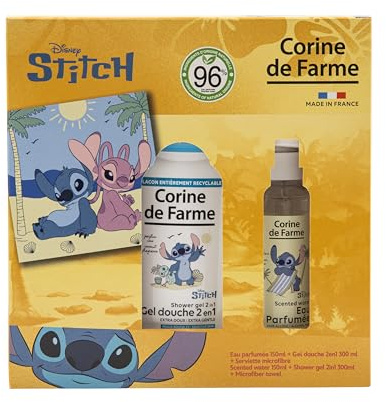 Corine de Farme - Coffret Stitch : Eau Parfumée 150ml + Gel Douche 2en1 300ml + Serviette Microfibre - Parfum Fleur de Tiaré et Coco - Ingrédients Naturels