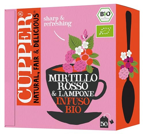 CUPPER - Caja de 50 Bolsitas de Infusiones Ecológicas de Arandano y Frambuesa - Apto para Veganos - Propiedades digestivas suaves - Sin azúcares añadidos