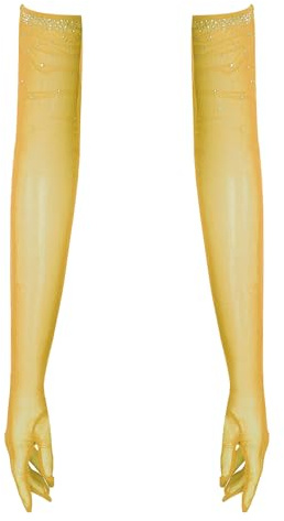 winying Femmes Strass Longs Gants Brillants Opéra Soirée Danse Transparents Gants Du Soir En Tulle Mesh Jaune Taille unique