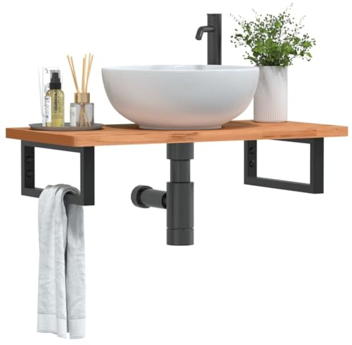 HaoChrymec Repisa para Lavabo de Pared con Soporte de Acero y Madera Maciza de Haya, Mueble de Baño Colgar, Ahorro de Espacio, para Baño y Tocador, Color Negro, 80 x 40 x 2.5 cm