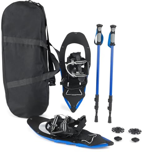COSTWAY Racchette da Neve 54/63 cm per Donna e Uomo con Sollevatore per Tallone e Borsa, Bastoncini da Trekking Telescopici 64-135 cm con Punte in Tungsteno, Dischi per Neve e Fango (Blu,54 cm)