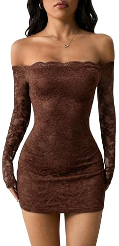 GORGLITTER Women's Lace Long Sleeves Mini Dress Y2K Fall Sexy Off The Shoulder Bodycon Night Out Birthday Party Dresses Coffee Brown Small